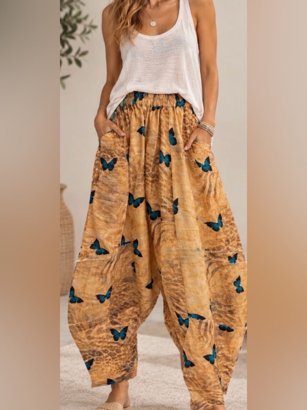 I Love Linen Butterfly Kisses Drop-Crotch Pants - One Size NWT